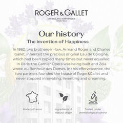 ROGER & GALLET product in shower setting conveying spa-like sensory shower benefit