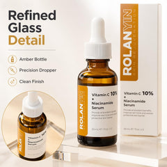 ROLANYIN ingredient label detail showing vitamin C and niacinamide, highlights clean formula