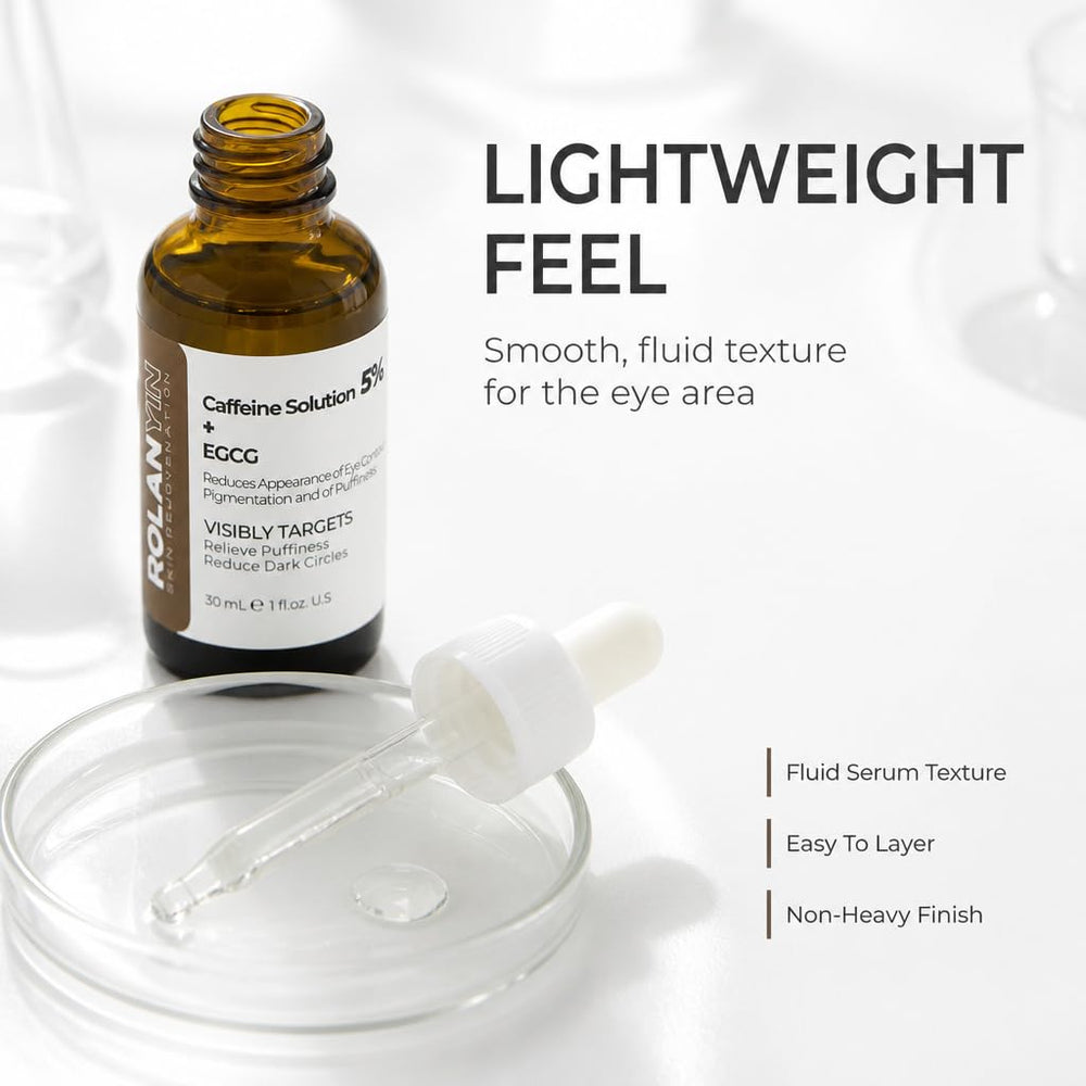 ROLANYIN serum texture close-up with droplets, lightweight absorption benefit