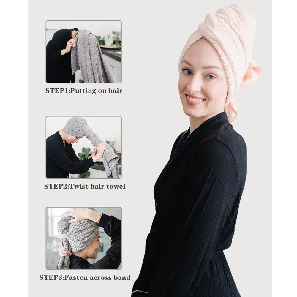 ROLSHOL towel on model with curly hair showing secure wrap and reduced frizz