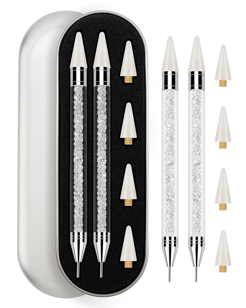Rolybag front view of two white rhinestone picker pens showing compact design and portability