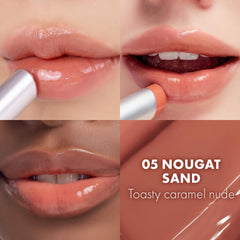 rom&nd glossy texture swipe showing watery-melting balm for instant dewy shine