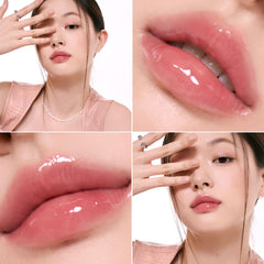 rom&nd gloss on model lips close-up showing glassy shine and flattering cool pink