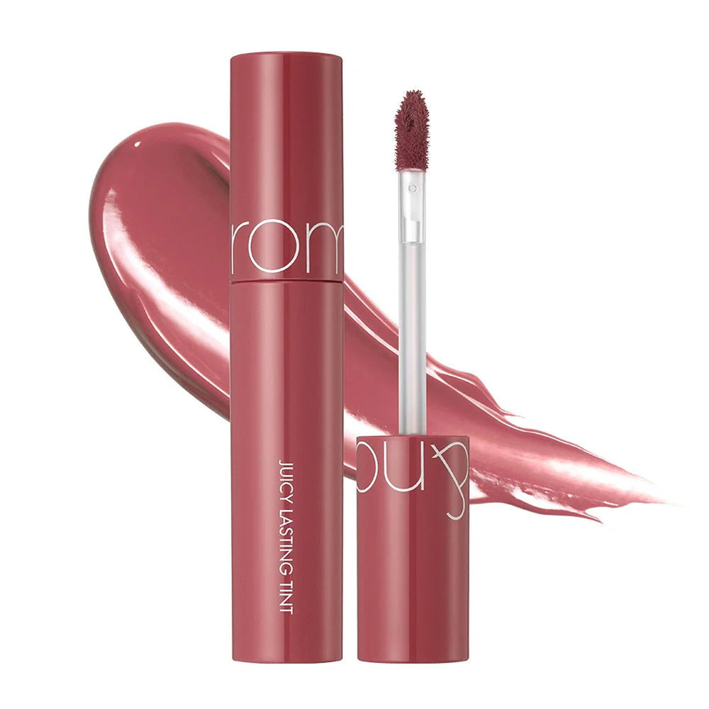 rom&nd tint front view showing sleek tube and coral peach benefit