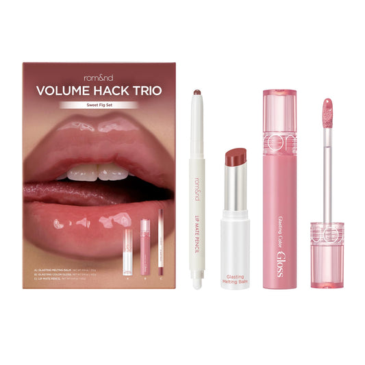 rom&nd front packaging of Sweet Fig set shows product trio and gift-ready box benefits