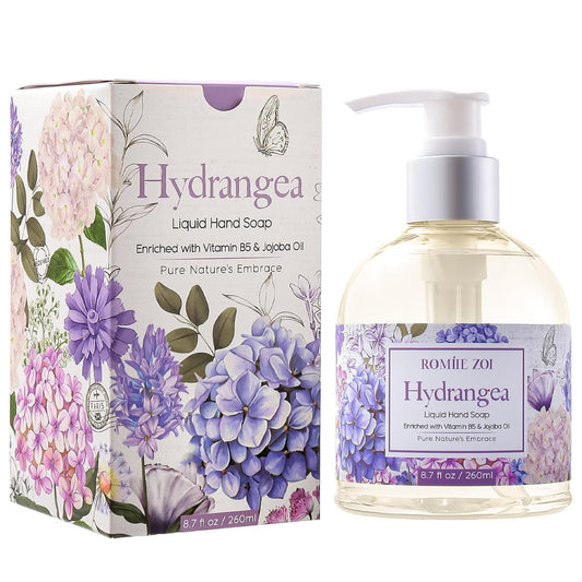 ROMIIE ZOI front packaging shows hydrangea soap and elegant label benefit: decorative display