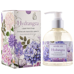 ROMIIE ZOI front packaging shows hydrangea soap and elegant label benefit: decorative display
