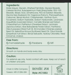 ROMIIE ZOI label detail showing ingredients like shea butter benefits