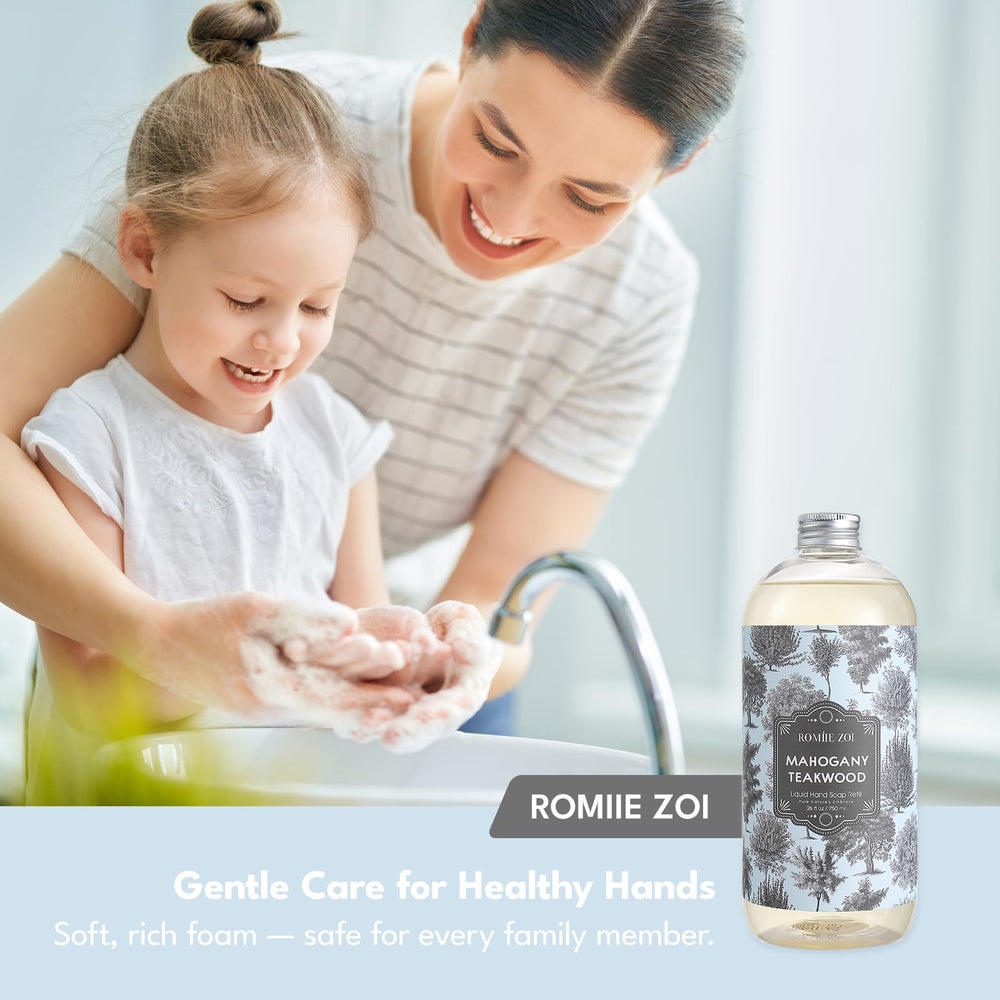 ROMIIE ZOI refill bottle beside a pump dispenser for easy transfer benefit
