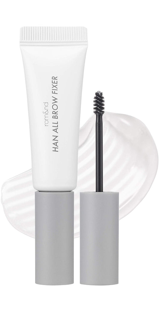 rom&nd front packaging shot showing clear eyebrow gel and compact tube benefit: easy storage