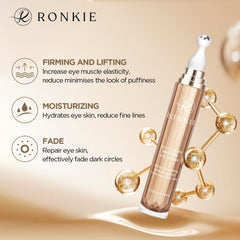 Flatlay of RONKIE eye cream with key ingredients highlighting caffeine and hyaluronic benefit