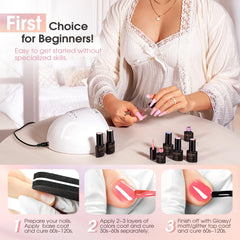 ROSALIND labeled base and top coat bottles highlighting organized system for long-lasting wear