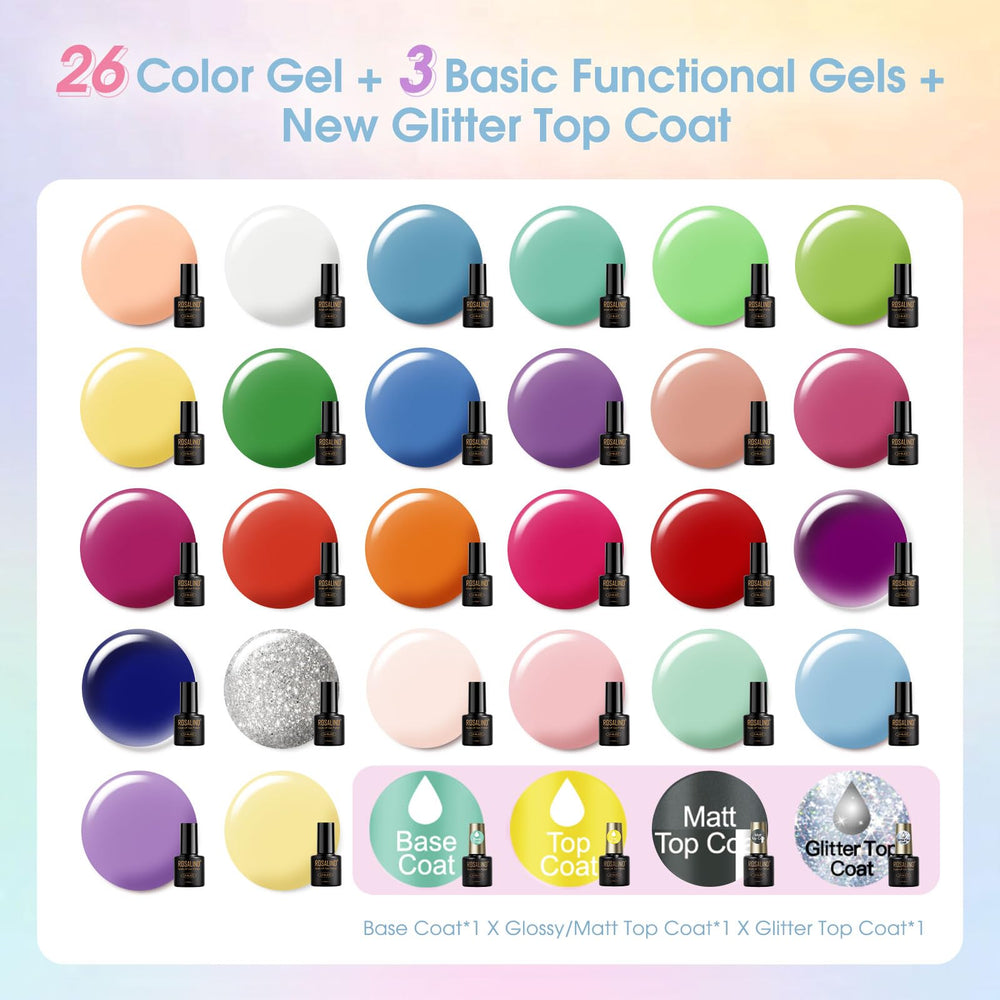 ROSALIND color swatch array of 26 neon and pastel gels for creative manicures