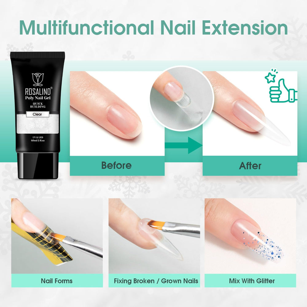 ROSALIND finished nails with clear extensions showing durable glossy finish