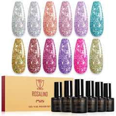 ROSALIND front packaging showing all 12 glitter bottles and travel-ready benefit