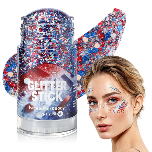 Rosawee front packaging showing patriotic glitter stick and compact size benefit