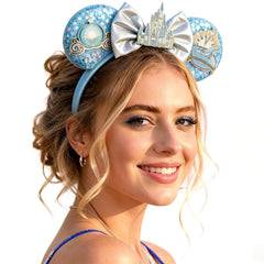 Rostonyra blue headband front view showing sequins and castle bow for standout style