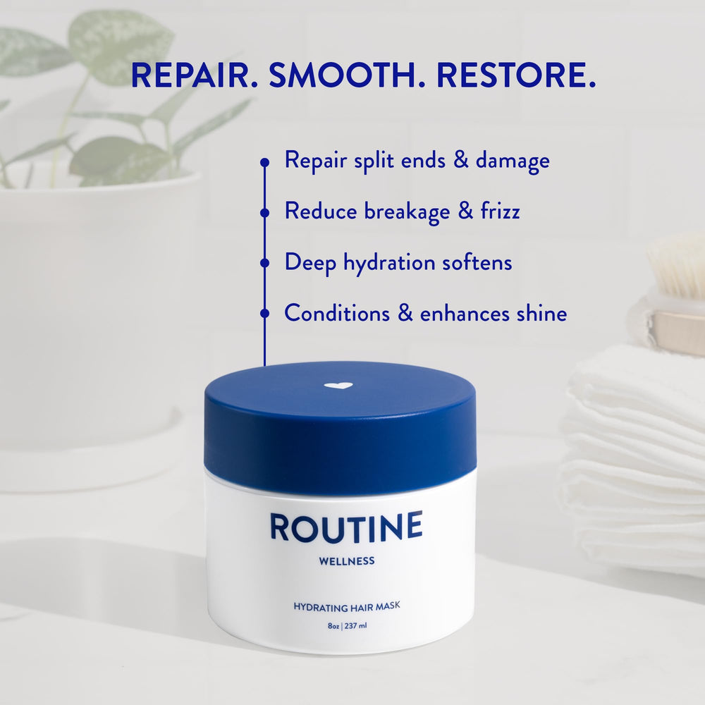 Routine Wellness applying mask in shower showing easier detangling benefit