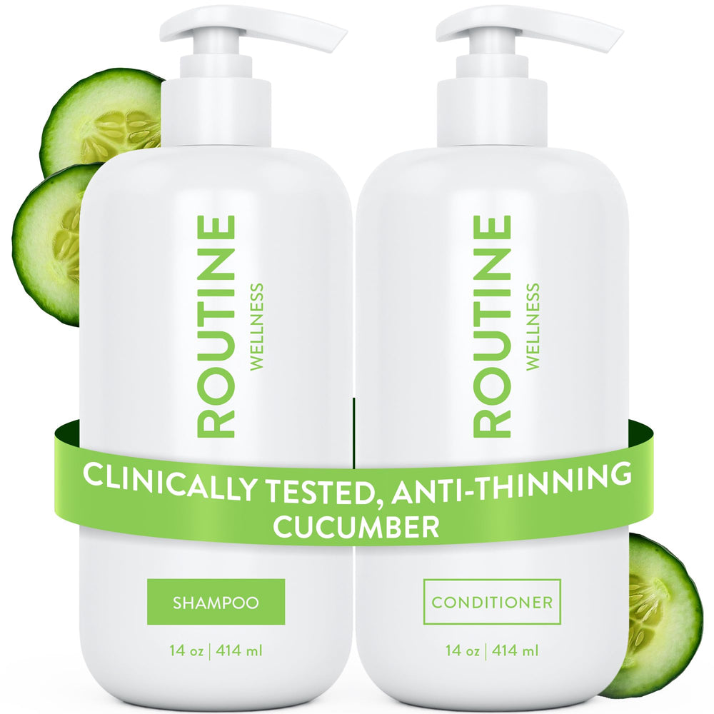 Routine Wellness front packaging showing cucumber set and fuller-hair promise