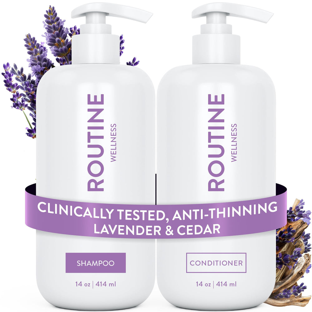 Routine Wellness front packaging shows lavender cedar scent and volumizing benefit