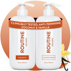 Routine Wellness front packaging showing full shampoo and conditioner set and benefits