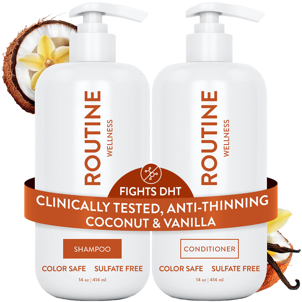 Routine Wellness front packaging showing shampoo and conditioner promoting fuller hair