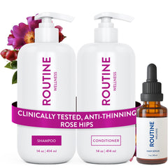 Routine Wellness front packaging showing rose hips set and fuller hair benefit