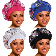 ROYBENS front view of four satin bonnets showing colors and packaging, protecting hair