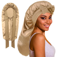 ROYBENS front view of long satin bonnet showing roomy fit and secure band benefit