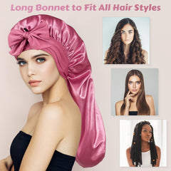 ROYBENS model wearing bonnet with braids showing how it holds long styles comfortably