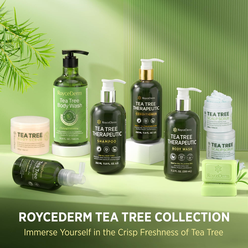 Roycederm bottles arranged on bathroom shelf conveying tidy storage