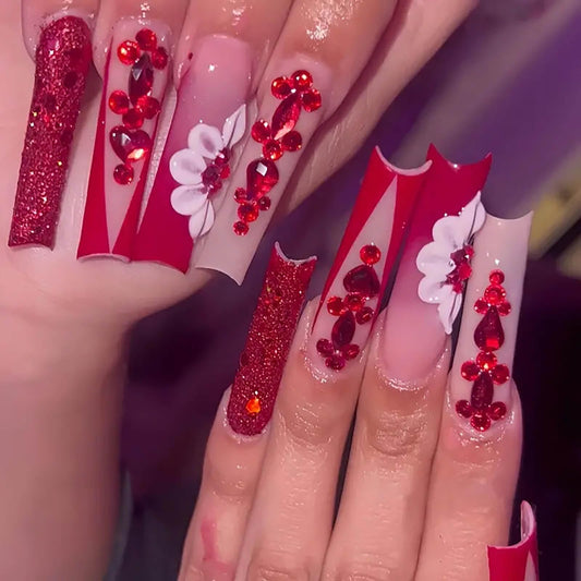 RTKHFZE front packaging showing 24 red press-on nails and glittery design benefits instant glam