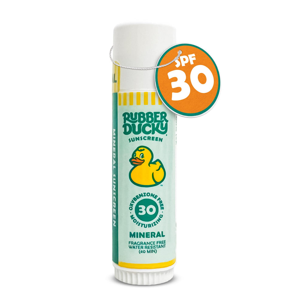 Rubber Ducky front packaging of face sunscreen stick, easy travel protection