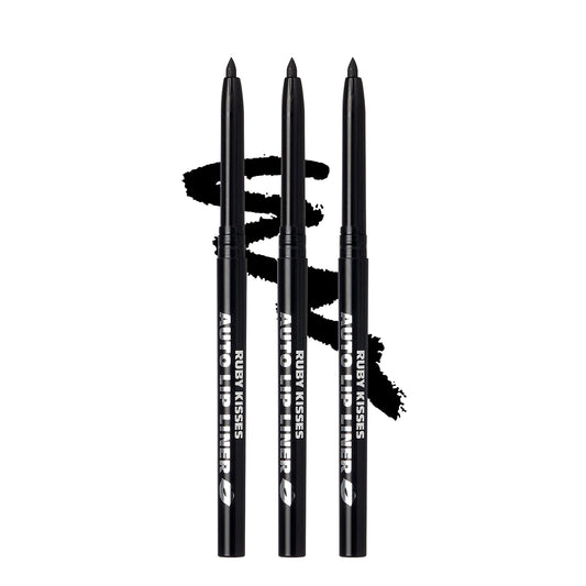 Ruby Kisses front view of black auto lip liner showing packaging and benefit of portability