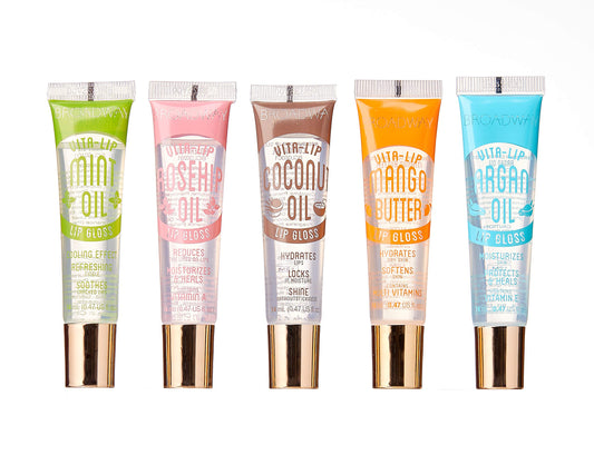 Ruby Kisses front packaging showing five clear glosses and benefits