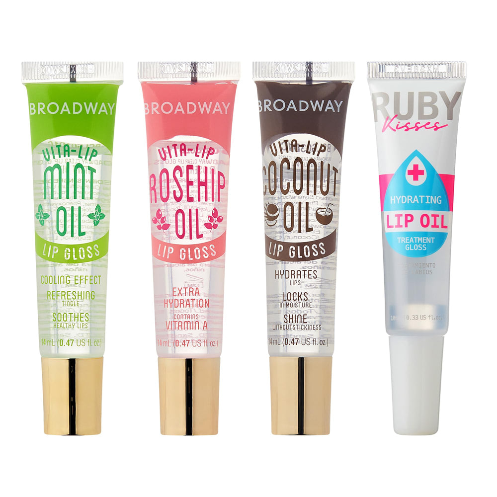 Ruby Kisses product pack front view showing four gloss tubes and clear benefits