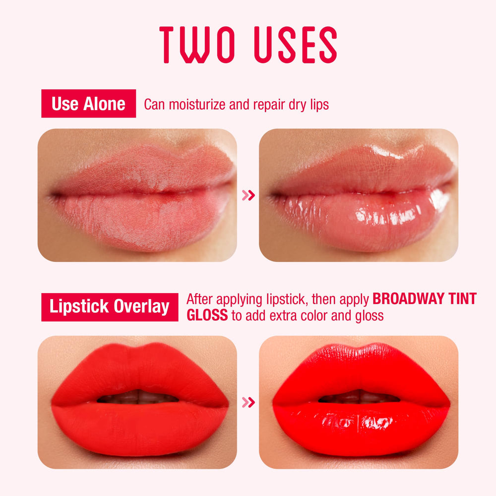 Ruby Kisses grape seed gloss on lips showing deeper tint and fuller look