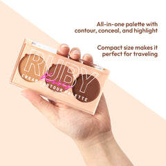 Ruby Kisses palette in hand size scale demonstrating compact portability advantage