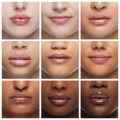 Ruby Kisses lip oil swatch on model lips for shiny natural enhancement