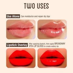 Ruby Kisses lip swatch on bare lips showing glossy shine and moisture benefit