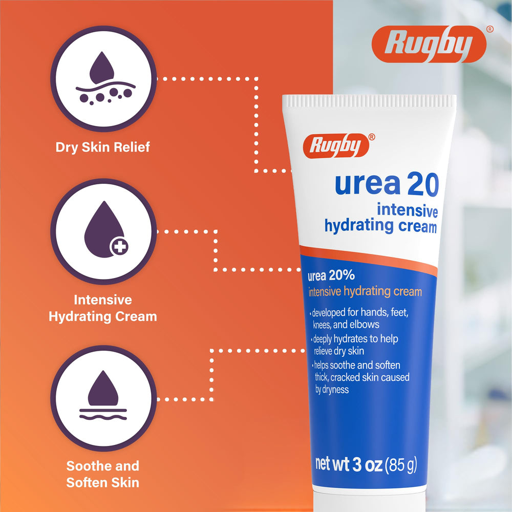 RUGBY LABORATORIES ingredient label highlighting 20% urea concentration for intensive care