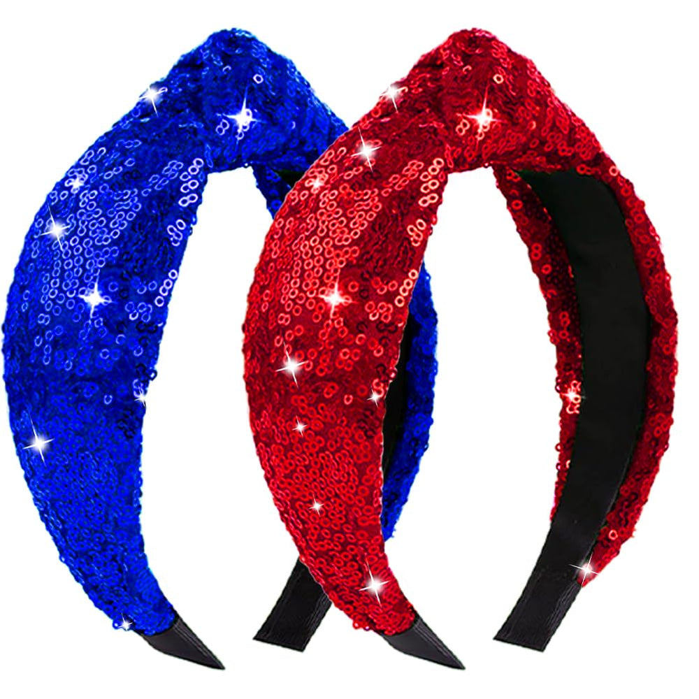 RUPOFUZA front view of red and blue headbands showing festive look and easy wear