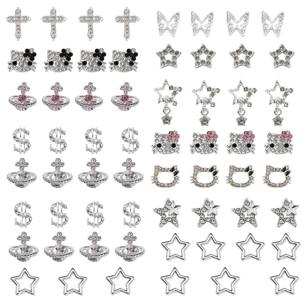 rythsans front packaging showing 56 silver Y2K nail charms and rhinestones for versatile designs