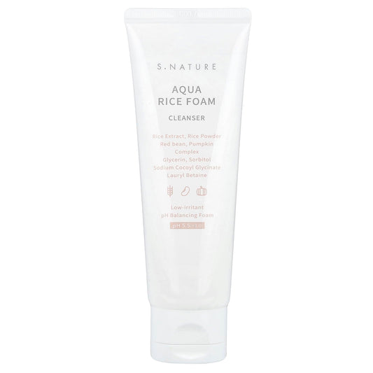 S.NATURE front packaging of Aqua Rice Foam Cleanser showing product and size, promoting gentle cleansing