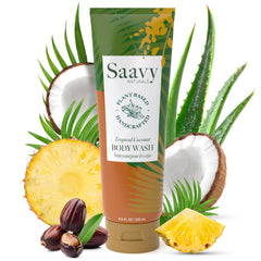 Saavy Naturals front bottle showing tropical coconut scent and gentle hydration