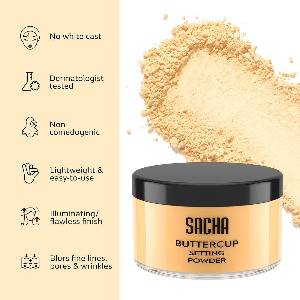 Sacha Cosmetics powder being applied with puff showing oil-control and matte finish benefit
