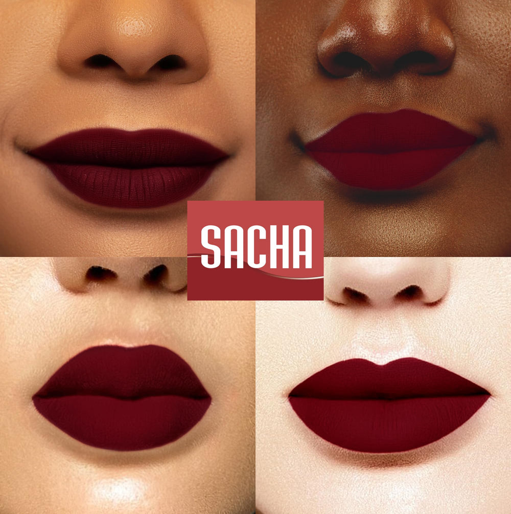 Sacha Cosmetics texture macro highlighting velvet-matte finish and lightweight feel