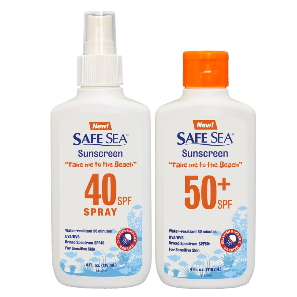 SAFE SEA front packaging showing SPF50 and sting protection benefit