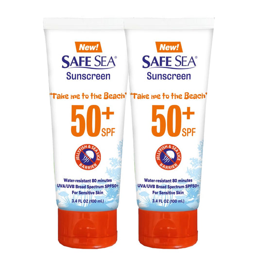 SAFE SEA front tube packaging showing SPF 50 and twin pack benefit