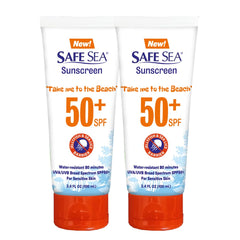 SAFE SEA front tube packaging showing SPF 50 and twin pack benefit